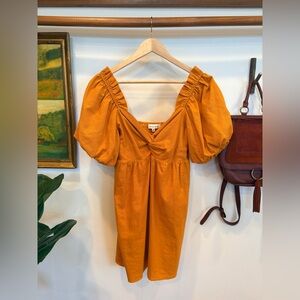 Moodie Mustard Puff Sleeve Babydoll Mini Dress (M)
